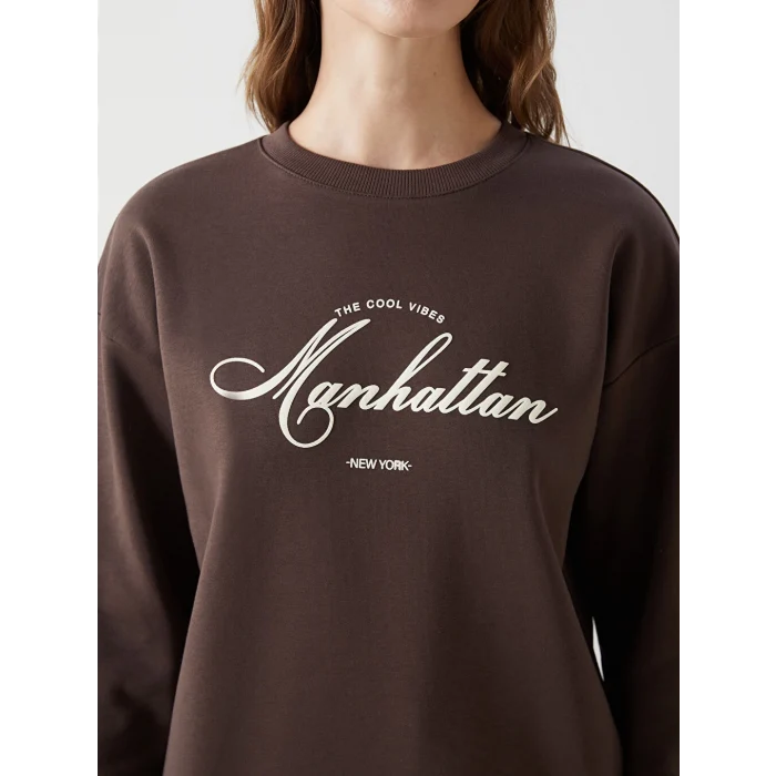 LCW Modest Kahverengi Bisiklet Yaka Baskılı Oversize Kadın Kalın Sweatshirt Tunik