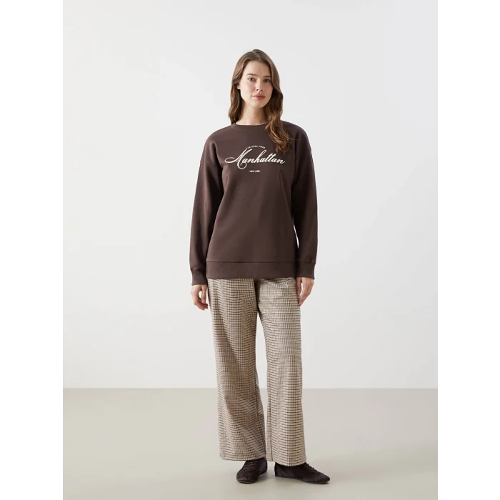 LCW Modest Kahverengi Bisiklet Yaka Baskılı Oversize Kadın Kalın Sweatshirt Tunik