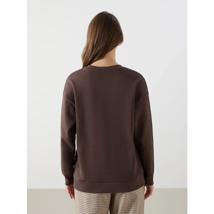 LCW Modest Kahverengi Bisiklet Yaka Baskılı Oversize Kadın Kalın Sweatshirt Tunik