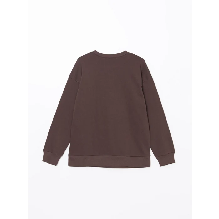 LCW Modest Kahverengi Bisiklet Yaka Baskılı Oversize Kadın Kalın Sweatshirt Tunik