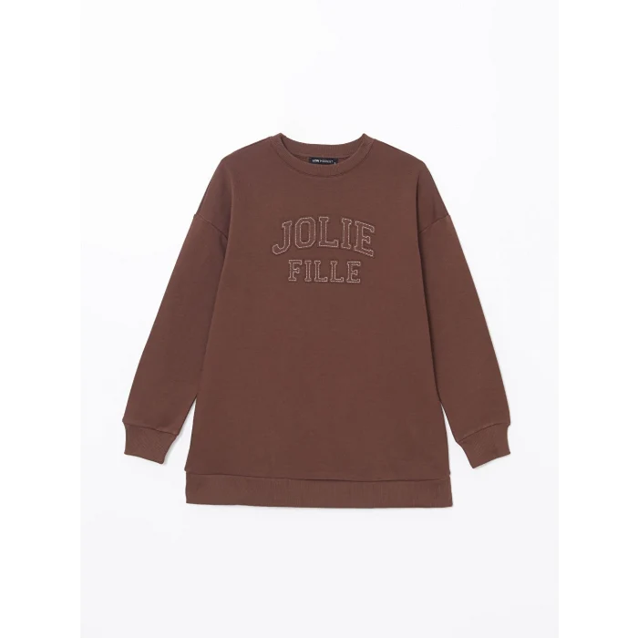 LCW Modest Kahverengi Bisiklet Yaka Nakışlı Kadın Kalın Sweatshirt Tunik