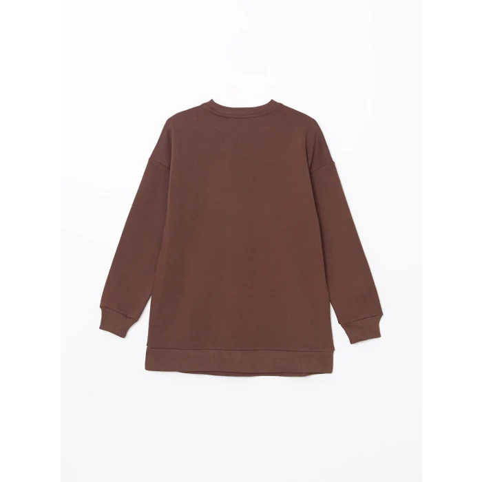 LCW Modest Kahverengi Bisiklet Yaka Nakışlı Kadın Kalın Sweatshirt Tunik