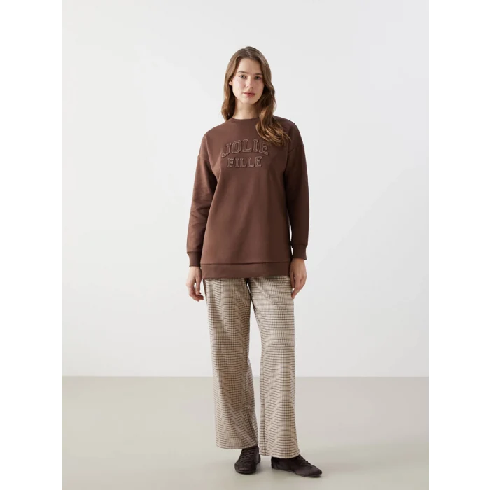 LCW Modest Kahverengi Bisiklet Yaka Nakışlı Kadın Kalın Sweatshirt Tunik