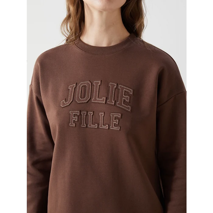 LCW Modest Kahverengi Bisiklet Yaka Nakışlı Kadın Kalın Sweatshirt Tunik