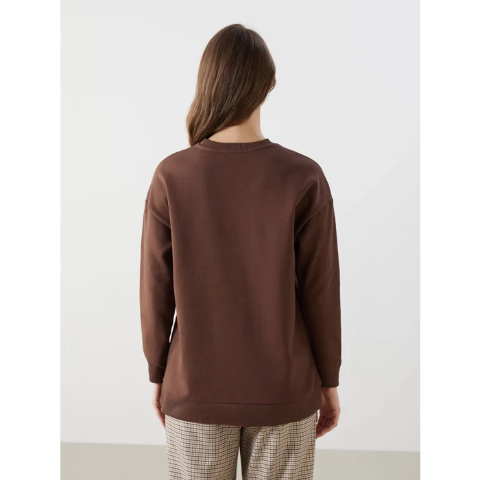 LCW Modest Kahverengi Bisiklet Yaka Nakışlı Kadın Kalın Sweatshirt Tunik