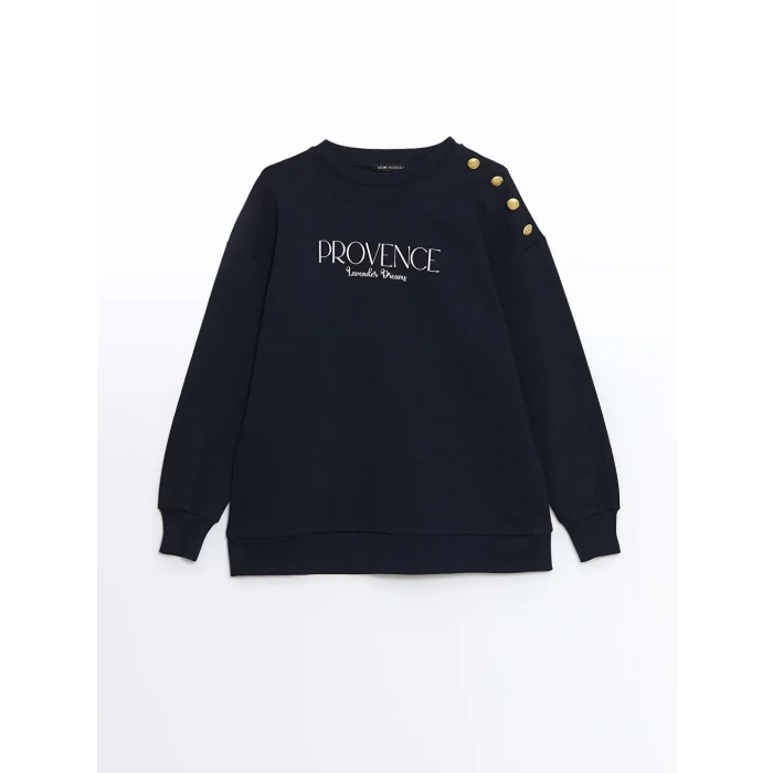 LCW Modest Lacivert Bisiklet Yaka Baskılı Kadın Kalın Sweatshirt Tunik