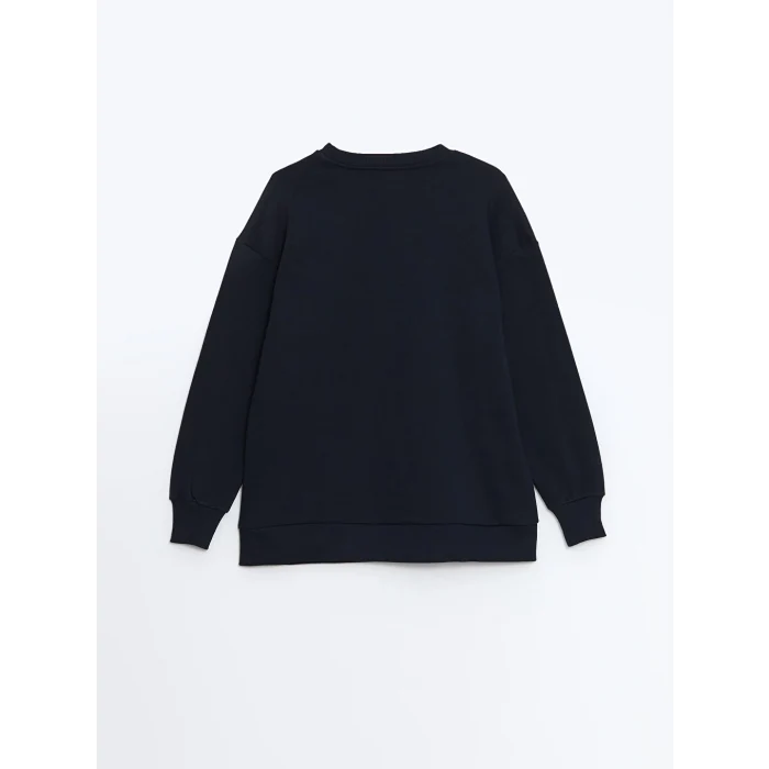 LCW Modest Lacivert Bisiklet Yaka Baskılı Kadın Kalın Sweatshirt Tunik