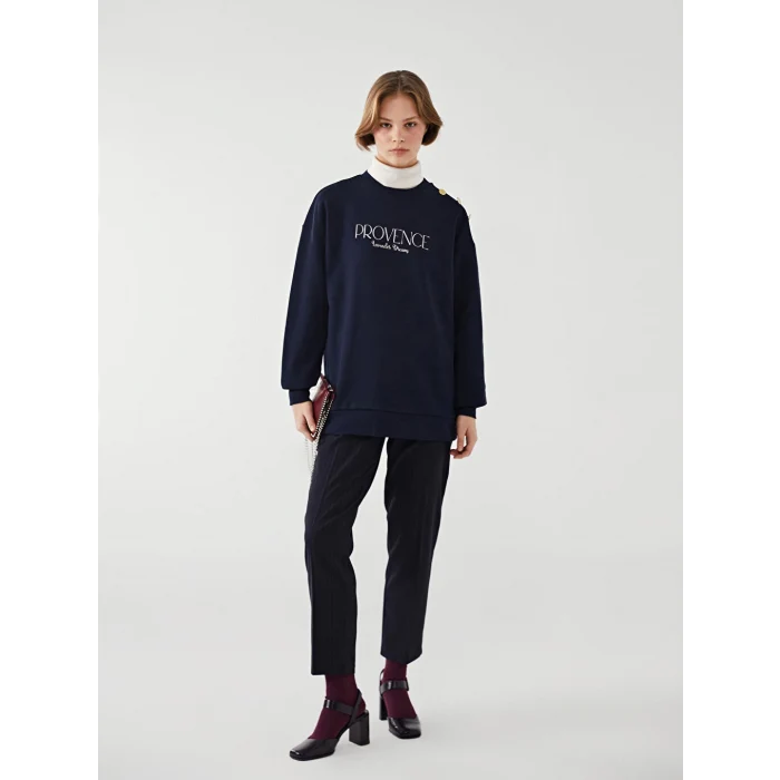 LCW Modest Lacivert Bisiklet Yaka Baskılı Kadın Kalın Sweatshirt Tunik