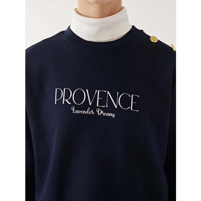 LCW Modest Lacivert Bisiklet Yaka Baskılı Kadın Kalın Sweatshirt Tunik