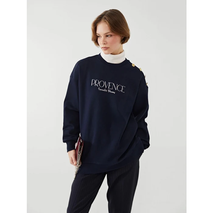 LCW Modest Lacivert Bisiklet Yaka Baskılı Kadın Kalın Sweatshirt Tunik