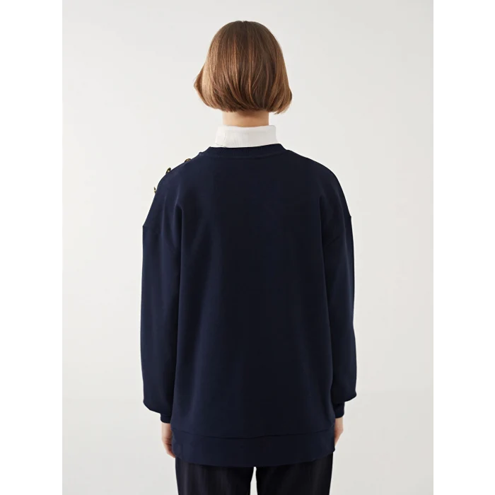 LCW Modest Lacivert Bisiklet Yaka Baskılı Kadın Kalın Sweatshirt Tunik