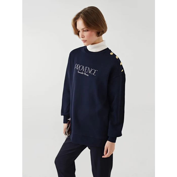 LCW Modest Lacivert Bisiklet Yaka Baskılı Kadın Kalın Sweatshirt Tunik