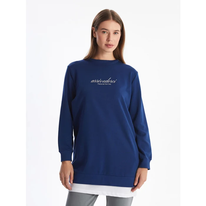 LCW Modest Lacivert Bisiklet Yaka Baskılı Kadın Sweatshirt Tunik