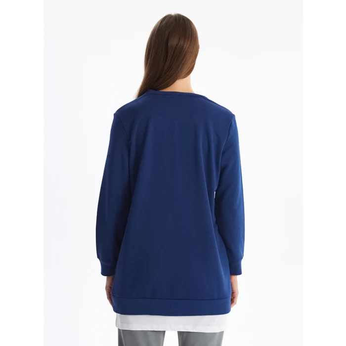 LCW Modest Lacivert Bisiklet Yaka Baskılı Kadın Sweatshirt Tunik