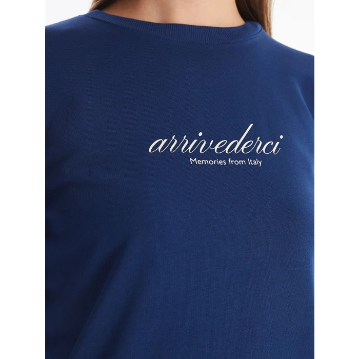 LCW Modest Lacivert Bisiklet Yaka Baskılı Kadın Sweatshirt Tunik