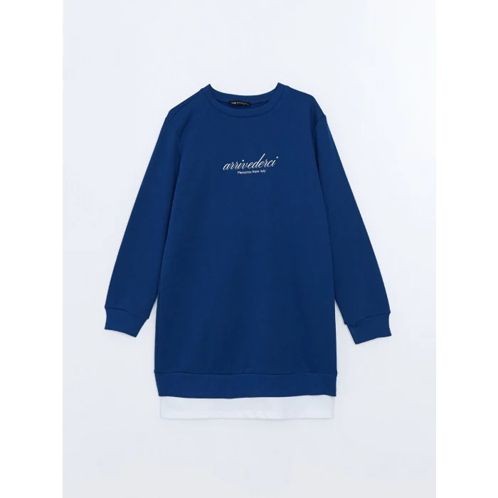 LCW Modest Lacivert Bisiklet Yaka Baskılı Kadın Sweatshirt Tunik