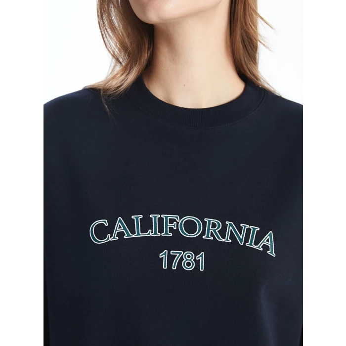 LCW Modest Lacivert Bisiklet Yaka Baskılı Oversize Kadın Sweatshirt Tunik