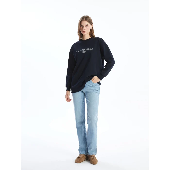 LCW Modest Lacivert Bisiklet Yaka Baskılı Oversize Kadın Sweatshirt Tunik