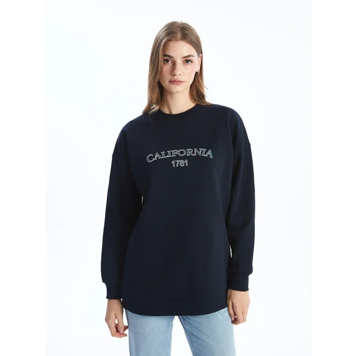 LCW Modest Lacivert Bisiklet Yaka Baskılı Oversize Kadın Sweatshirt Tunik