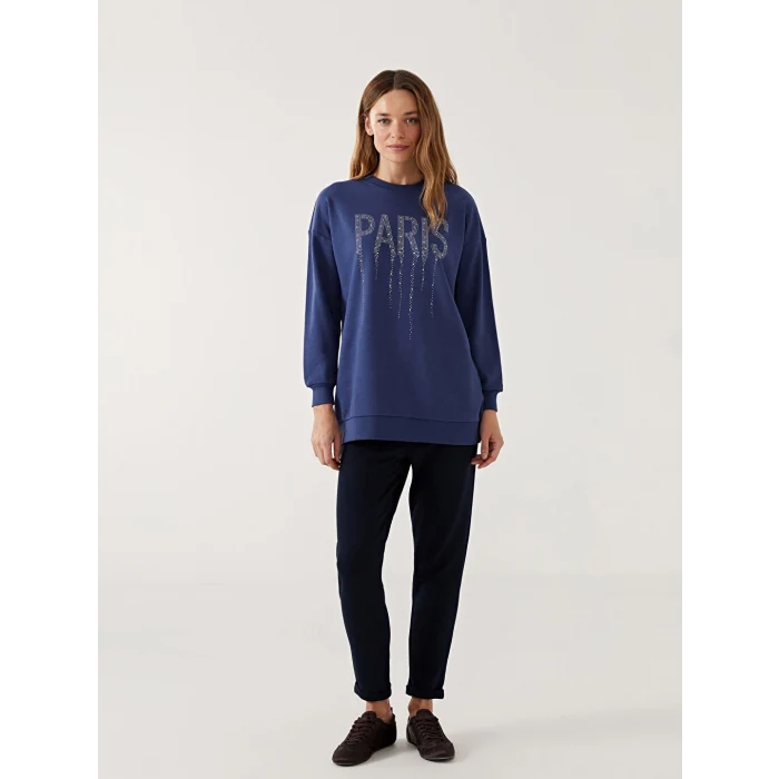 LCW Modest Lacivert Bisiklet Yaka Parlak Taşlı Kadın Sweatshirt Tunik