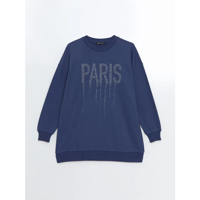 LCW Modest Lacivert Bisiklet Yaka Parlak Taşlı Kadın Sweatshirt Tunik