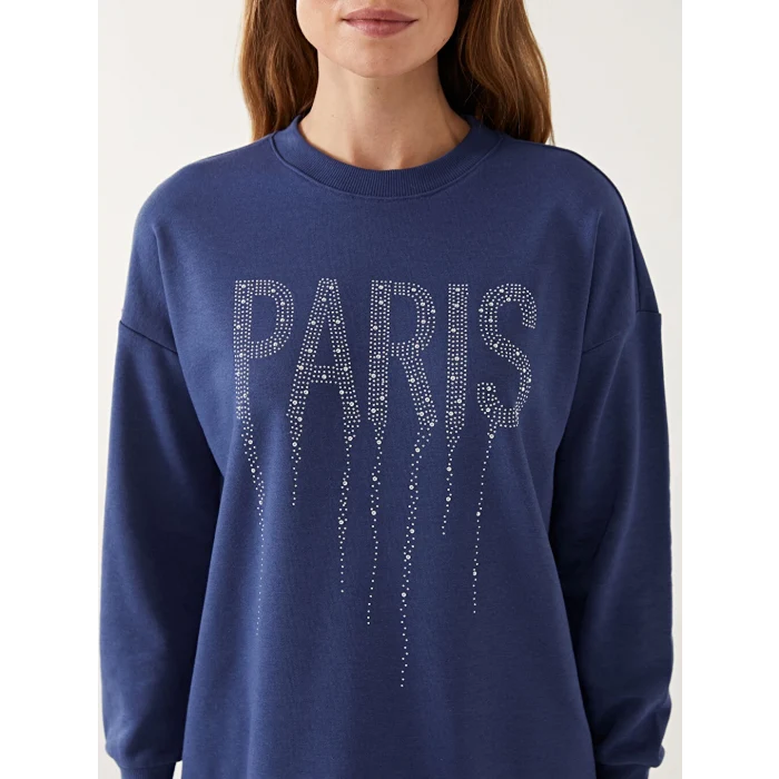 LCW Modest Lacivert Bisiklet Yaka Parlak Taşlı Kadın Sweatshirt Tunik