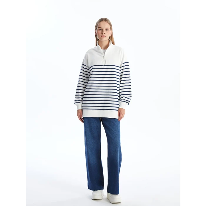 LCW Modest Lacivert Dik Yaka Çizgili Kadın Sweatshirt Tunik