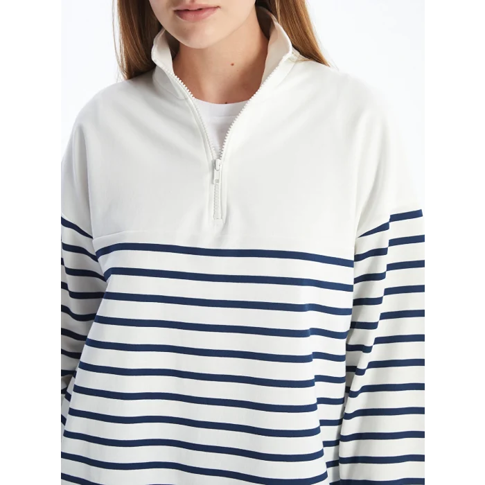 LCW Modest Lacivert Dik Yaka Çizgili Kadın Sweatshirt Tunik