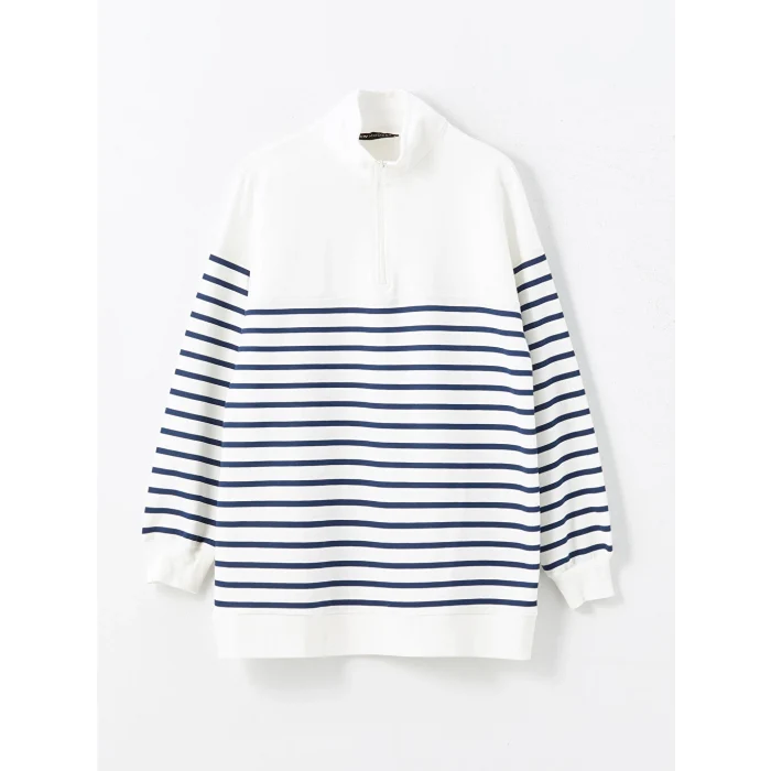 LCW Modest Lacivert Dik Yaka Çizgili Kadın Sweatshirt Tunik