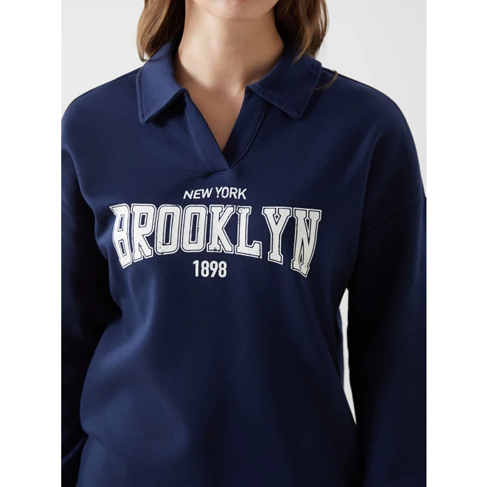 LCW Modest Lacivert Polo Yaka Baskılı Kadın Kalın Sweatshirt Tunik