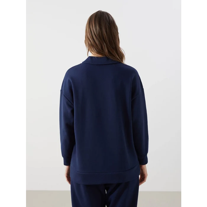 LCW Modest Lacivert Polo Yaka Baskılı Kadın Kalın Sweatshirt Tunik
