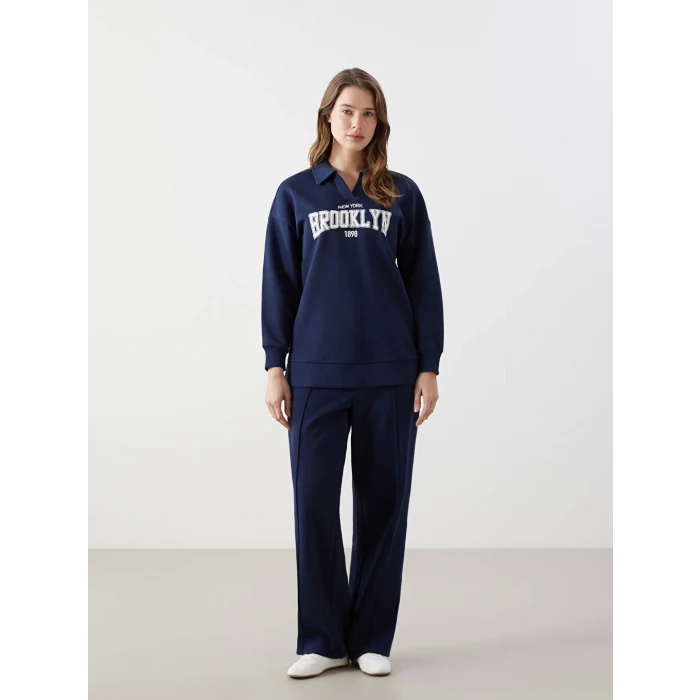 LCW Modest Lacivert Polo Yaka Baskılı Kadın Kalın Sweatshirt Tunik