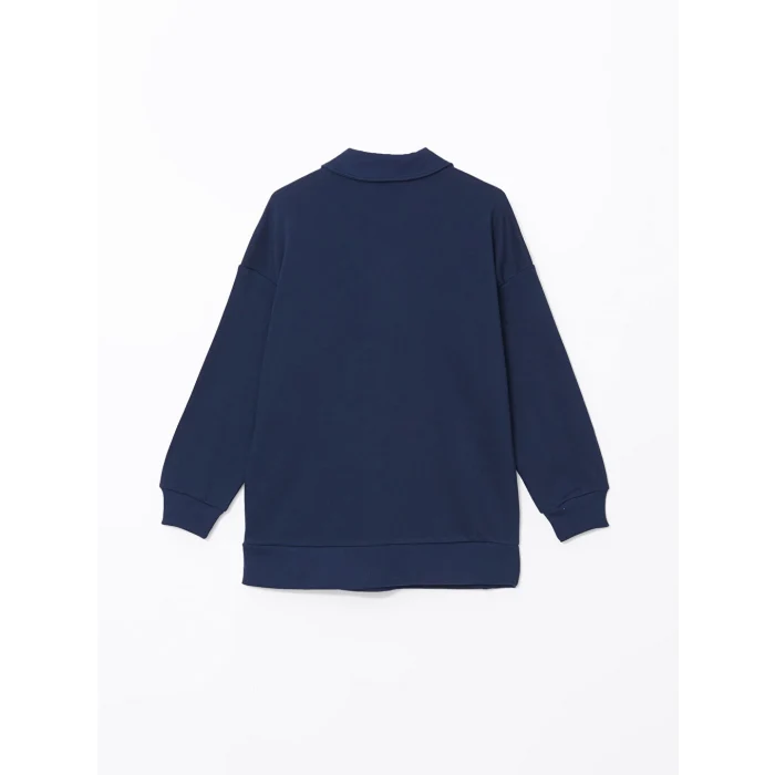 LCW Modest Lacivert Polo Yaka Baskılı Kadın Kalın Sweatshirt Tunik