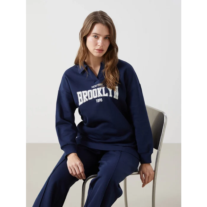 LCW Modest Lacivert Polo Yaka Baskılı Kadın Kalın Sweatshirt Tunik