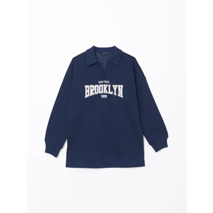 LCW Modest Lacivert Polo Yaka Baskılı Kadın Kalın Sweatshirt Tunik