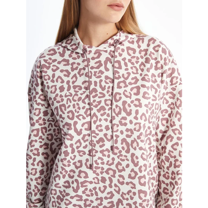 LCW Modest Mürdüm Kapüşonlu Leopar Desenli Kadın Sweatshirt Tunik