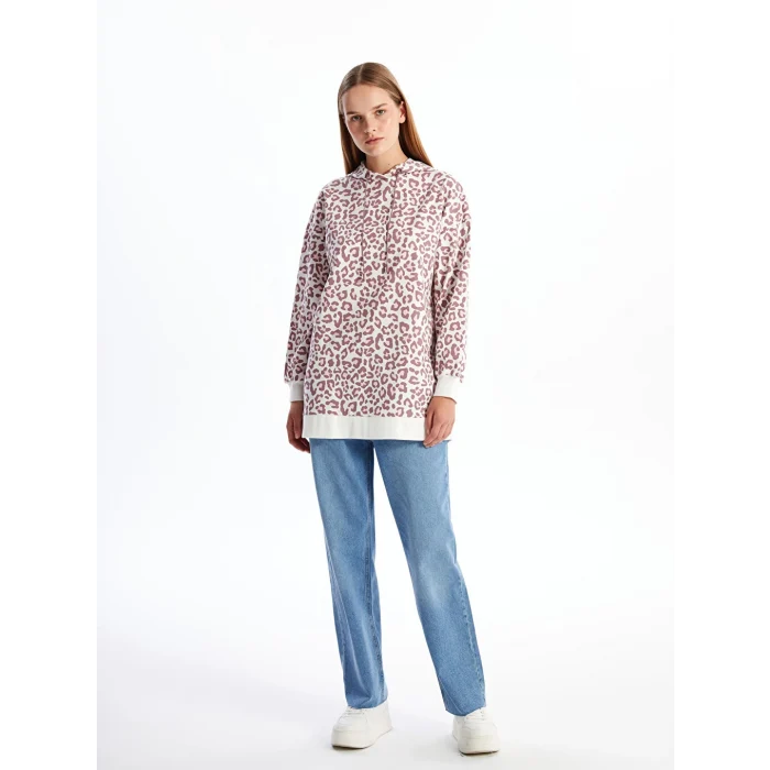 LCW Modest Mürdüm Kapüşonlu Leopar Desenli Kadın Sweatshirt Tunik