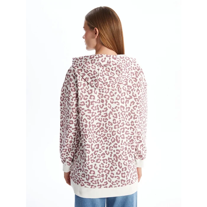 LCW Modest Mürdüm Kapüşonlu Leopar Desenli Kadın Sweatshirt Tunik
