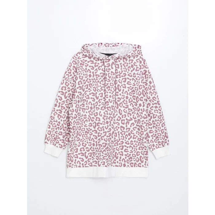 LCW Modest Mürdüm Kapüşonlu Leopar Desenli Kadın Sweatshirt Tunik