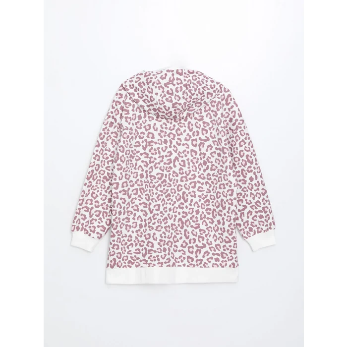 LCW Modest Mürdüm Kapüşonlu Leopar Desenli Kadın Sweatshirt Tunik