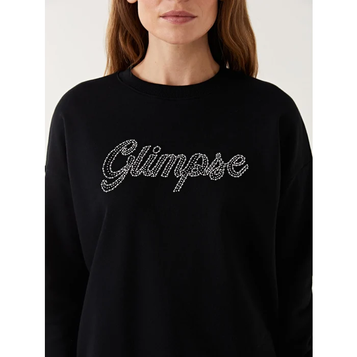 LCW Modest Siyah Baskılı Oversize Kadın Kalın Sweatshirt Tunik