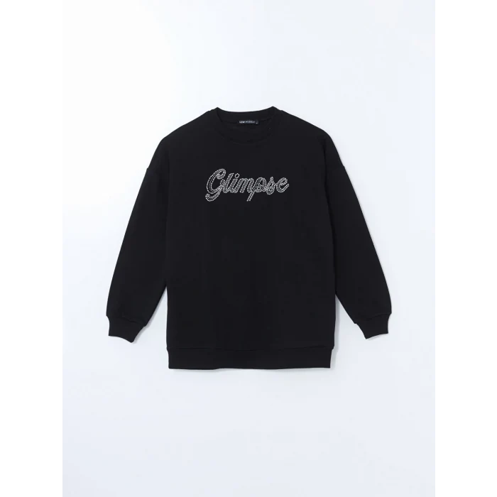 LCW Modest Siyah Baskılı Oversize Kadın Kalın Sweatshirt Tunik