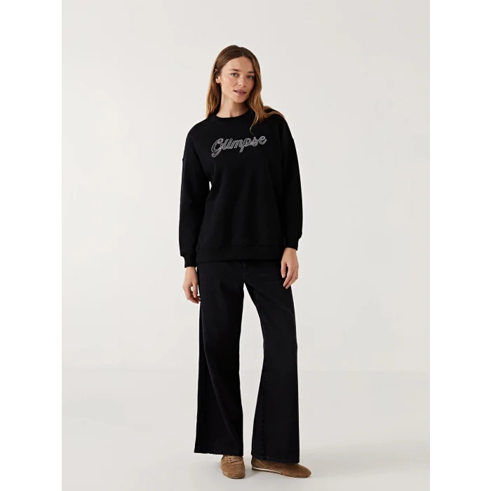 LCW Modest Siyah Baskılı Oversize Kadın Kalın Sweatshirt Tunik