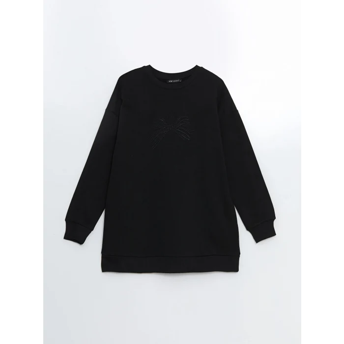 LCW Modest Siyah Bisiklet Yaka Nakışlı Kadın Kalın Sweatshirt Tunik