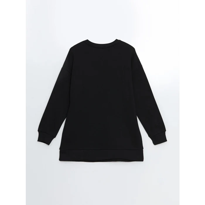 LCW Modest Siyah Bisiklet Yaka Nakışlı Kadın Kalın Sweatshirt Tunik