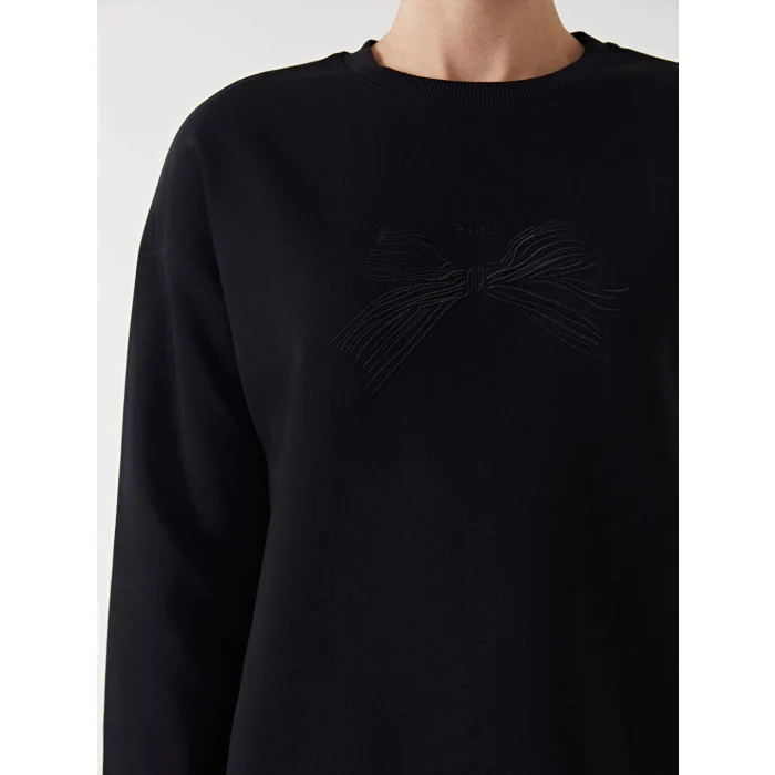 LCW Modest Siyah Bisiklet Yaka Nakışlı Kadın Kalın Sweatshirt Tunik