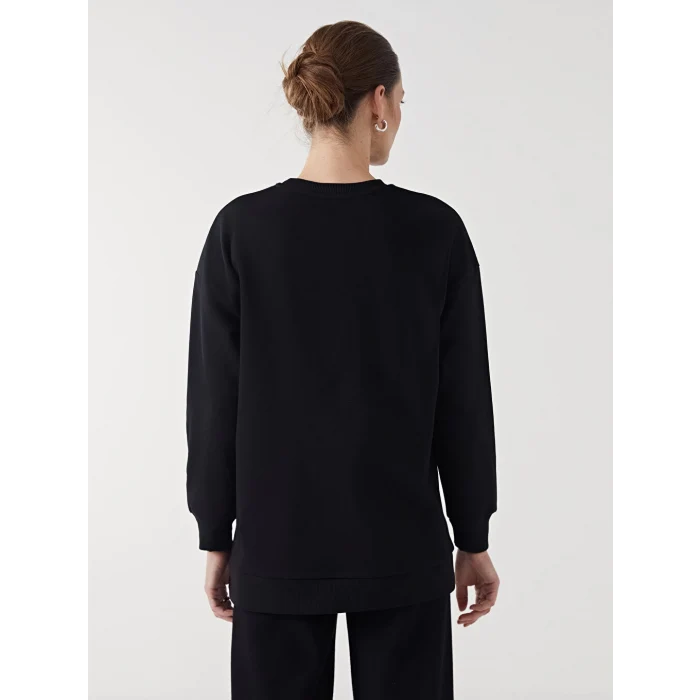 LCW Modest Siyah Bisiklet Yaka Nakışlı Kadın Kalın Sweatshirt Tunik