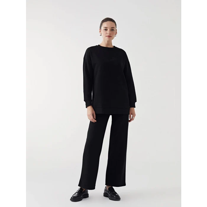 LCW Modest Siyah Bisiklet Yaka Nakışlı Kadın Kalın Sweatshirt Tunik