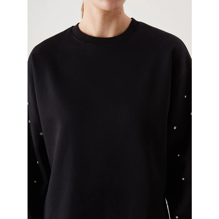 LCW Modest Siyah Bisiklet Yaka Parlak Taşlı Kadın Kalın Sweatshirt Tunik