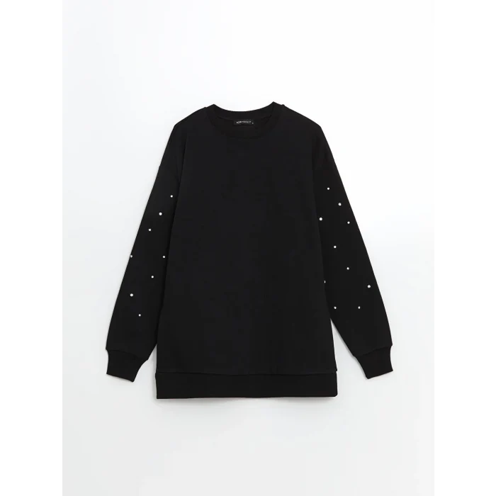 LCW Modest Siyah Bisiklet Yaka Parlak Taşlı Kadın Kalın Sweatshirt Tunik